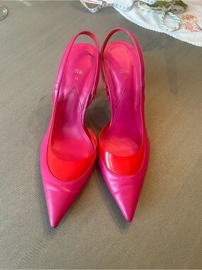 Zara Hot Pink and Red Pointed Slingback Heels size 38 euro